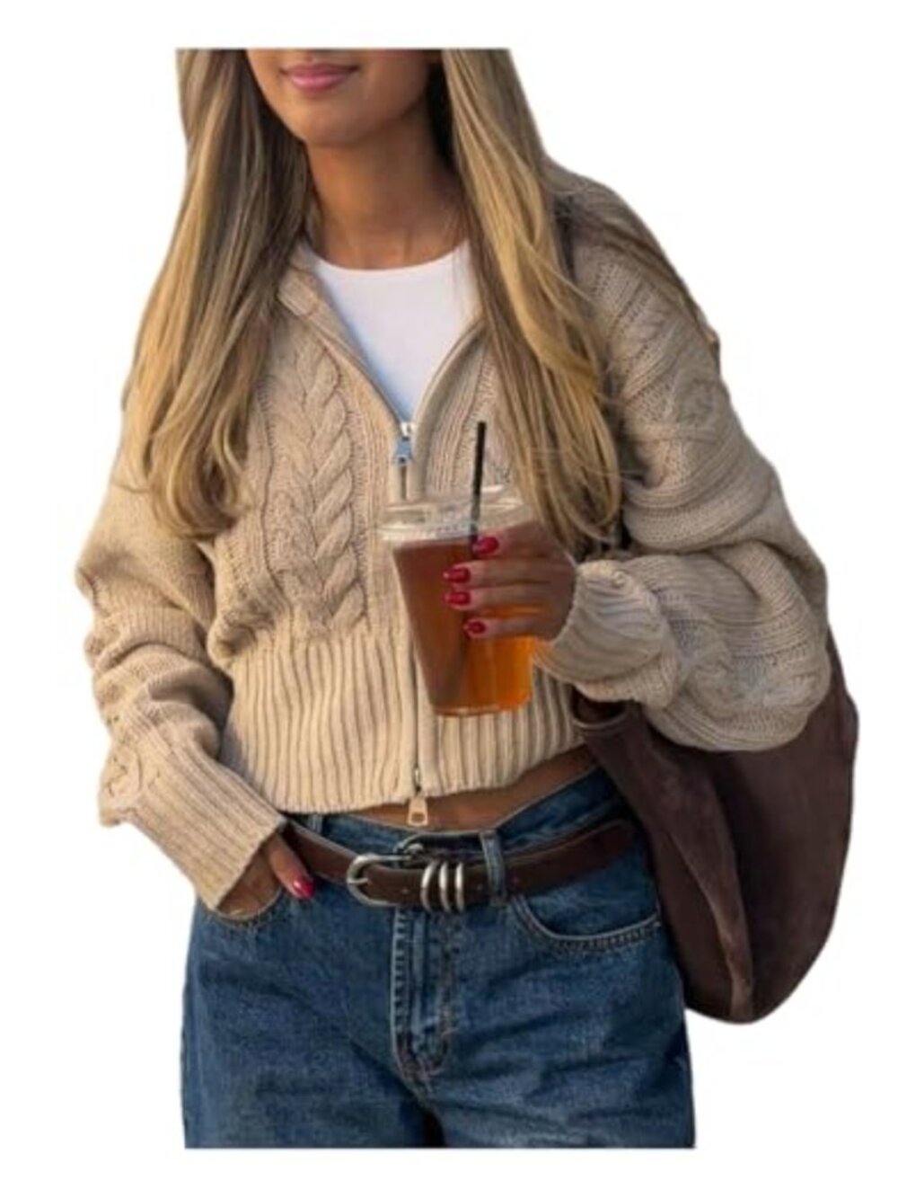 Cable Knit Cropped Zip Up Hooded Cardigan Sweater